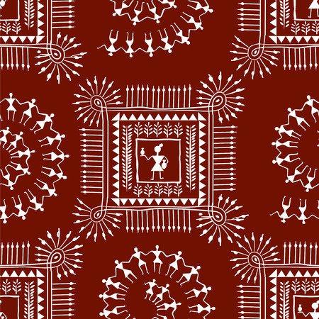 Warli painting seamless pattern - hand drawn traditional the ancient tribal art India. Pictorial language is matched by a rudimentary technique depicting rural life of the inhabitants of Indiaのイラスト素材
