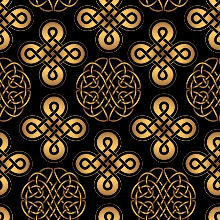 Scandinavian Celtic seamless wallpaper . Elegant golden ethnic patterns of druids on a black backgroundのイラスト素材