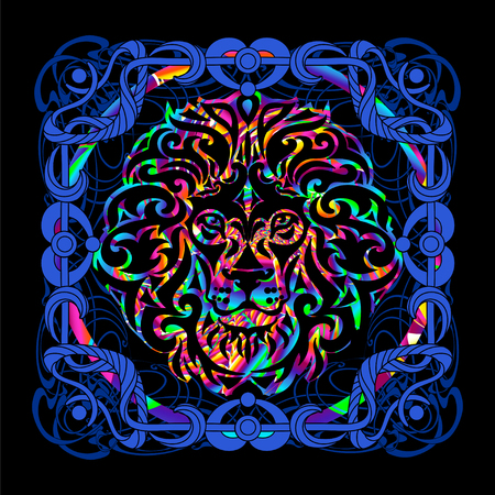 The head of a lion is a psychedelic painting in a retro style. Popular vintage graphics posters and posters from the 1960s to the 1980s. Art Nouveau and Hippie art. Goa trance art.のイラスト素材