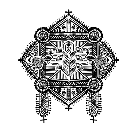 Warli painting - hand drawn traditional the ancient tribal art India. In the style of Indian kitsch matched by a rudimentary technique depicting rural life of the inhabitants of Indiaのイラスト素材