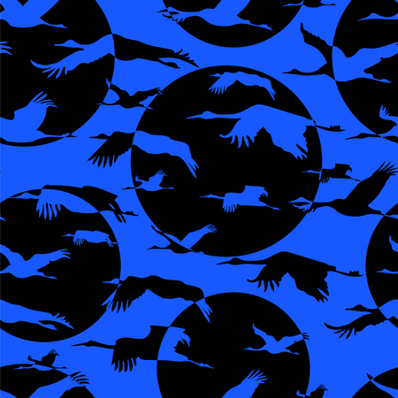 Seamless wallpaper with silhouette flying Japanese cranes on blue sky background. Monochrome blue black patternのイラスト素材