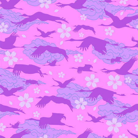 Seamless wallpaper with silhouette flying Japanese cranes on Asiatic clouds and sakura background.のイラスト素材