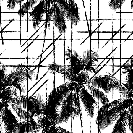 Seamless vector monochrome tropical pattern depicting black palm tree on a white background with dust, streaks and scratchesのイラスト素材
