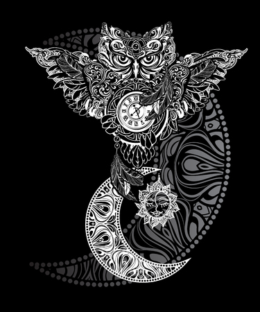 Ornate occult spiritual symbols, totemic and mascot Owl. It can be used for tattoo and embossing or coloring. Ethnic patterned illustration in Boho styleのイラスト素材