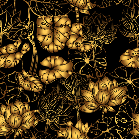 Luxury golden seamless pattern with ornate lotus flowers, leaves and bubbles for fabrics, textiles, paperのイラスト素材