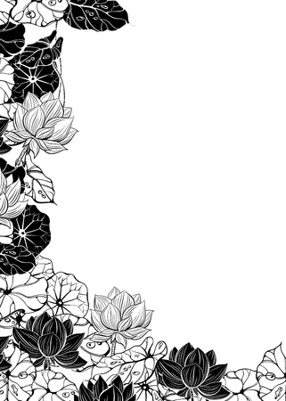 black and white floral frame consisting of flowers and leaves of water liliesのイラスト素材