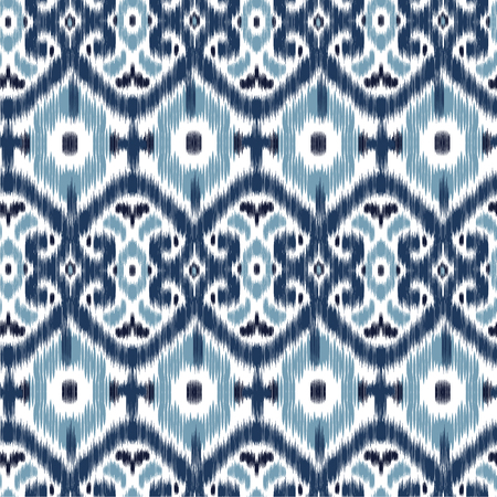 Blue Ikat Ogee and Damascus ornament Seamless Background Pattern In the style of the Tapestry. Abstract background for textile design, wallpaper, surface texturesのイラスト素材