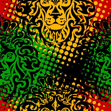 Rasta theme with lion head with cannabis marijuana leaves on black background. Vector illustration. Seamless pattern.のイラスト素材