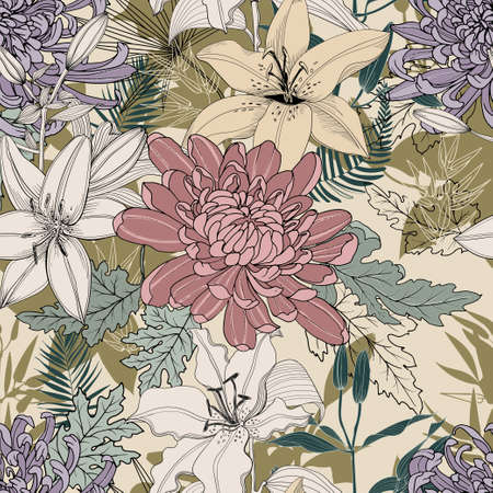 Lilies and chrysanthemums seamless patternのイラスト素材