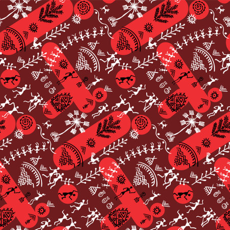 Warli painting seamless pattern - hand drawn traditional the ancient tribal art India. Pictorial language is matched by a rudimentary technique depicting rural life of the inhabitants of Indiaのイラスト素材