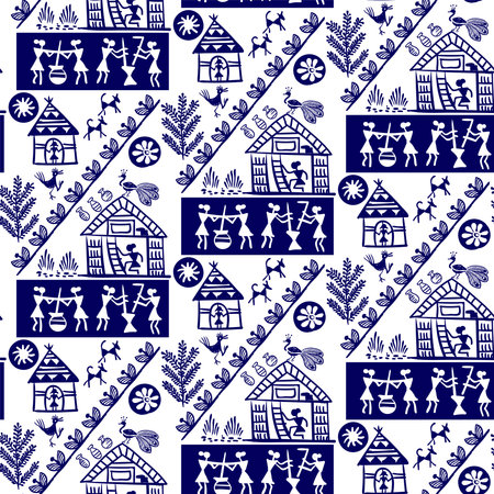 Warli painting seamless pattern - hand drawn traditional the ancient tribal art India. Pictorial language is matched by a rudimentary technique depicting rural life of the inhabitants of Indiaのイラスト素材