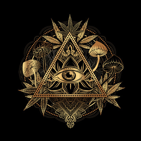 tattoo - psychedelic poster with magic mushrooms, cannabis and third eye with mandala on black backgroundのイラスト素材