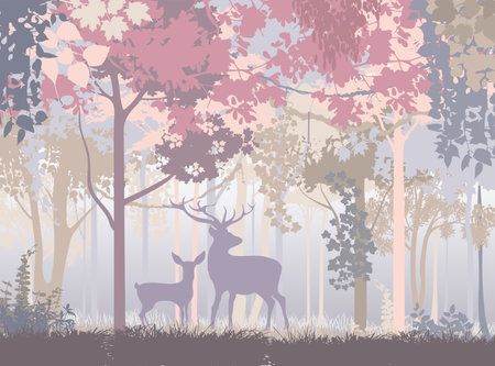A magical fairy-tale forest. Vector illustration - Childrens wallpaper on the wall. Gentle lilac, Pink and beige twilight with fog in an unusual forest with deer who are listening warilyのイラスト素材