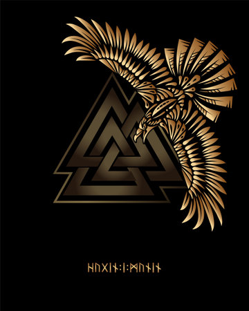Odins Celtic Raven. Scandinavian tattoo. Runic symbols in the Old Norse language mean Raven and Valknut. Trixel, Celtic cross, Gungir and knots. Vector illustration of Scandinavian myths. Warriors of Valhallaのイラスト素材