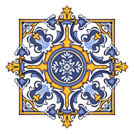 Azulejos - Portuguese Dutch and oriental tile in shades of blue and yellow colors pattern. Baroque Vector mosaic. Rococo ornament. Traditional GOA tribal ornament. Capri Maiolicaのイラスト素材