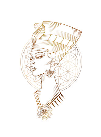 Head of Nefertiti against the background of the flower of life, sacred geometry. Vector monochrome tattoo - an ancient Egyptian magical symbol of Luck and Love.のイラスト素材