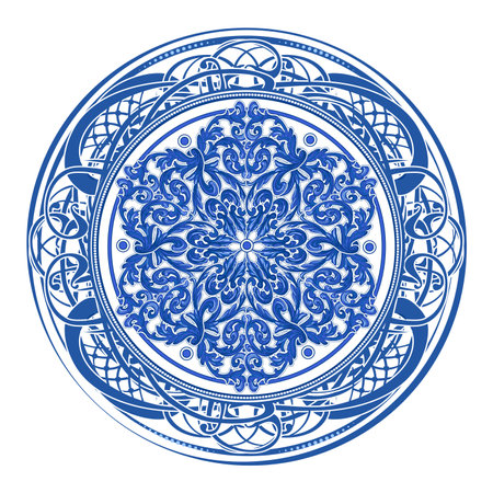 Azulejos - Portuguese tiles blue watercolor pattern. Traditional tribal ornament. Round plate. Capri Maiolicaのイラスト素材