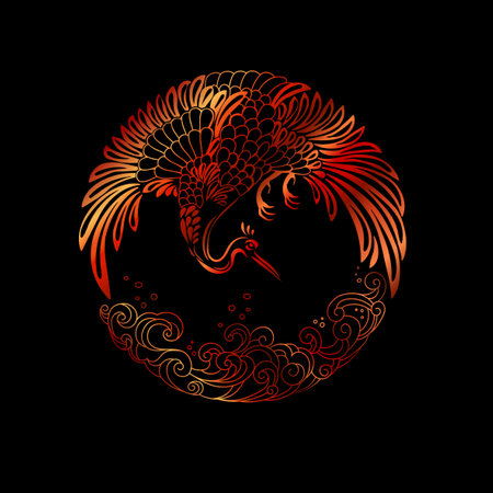 round, circular pattern - isolated crane taking off above the waves. Image in ancient Southeast Asian style, plate designのイラスト素材