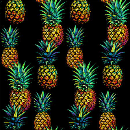 Multicolor pineapple - Seamless pattern, realistic sketch, vintage style, vector botanical seamless backgroundのイラスト素材