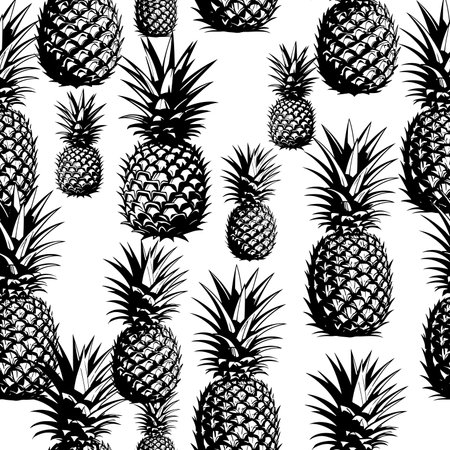 monochrome black and white pineapple - Seamless pattern, realistic sketch, laconic, minimalistic vintage style , vector botanical seamless backgroundのイラスト素材