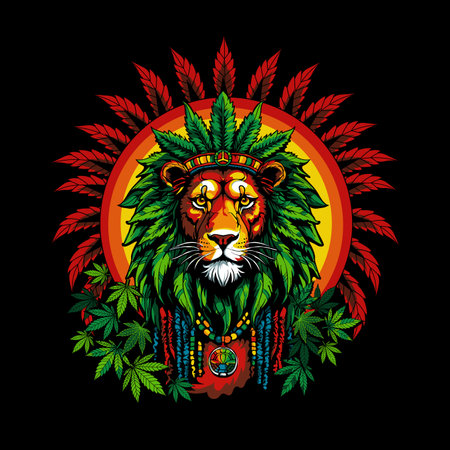 vector illustration depicting a lion with dreadlocks with marijuana leaves as a symbol of the Rastafarian subculture, and the image of Jha on background Flag colors of Jamaica.のイラスト素材