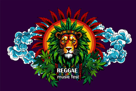 Hand Drawn vector banner depicting a lion with dreadlocks, with marijuana leaves, as a symbol of the Rastafarian subculture in colors of Jamaica. Poster for music reggae festivalのイラスト素材