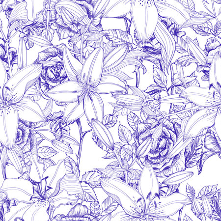 Roses and Lilies - seamless background of blue monochrome on a white background in Sketch drawing and line art style. Random pattern. Handmade vector imageのイラスト素材