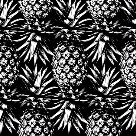 monochrome black and white pineapple - Seamless pattern, realistic sketch, laconic, minimalistic vintage style , vector botanical seamless backgroundのイラスト素材