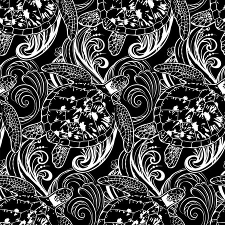 Sea turtles in the depths of the sea - seamless pattern. Exquisite ornate background with sea creatures theme.のイラスト素材