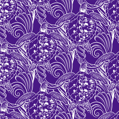 Sea turtles in the depths of the sea - seamless pattern. Exquisite ornate background with sea creatures theme.のイラスト素材