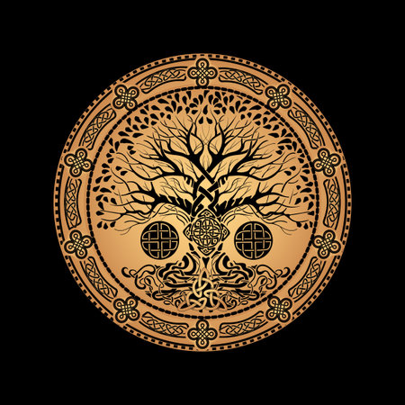 Yggdrasil tree of life Celtic sacred symbol. Celtic astronomy is a magical symbol of rebirth, positive energy and balance in nature. Vector tattoo, logo, print.のイラスト素材