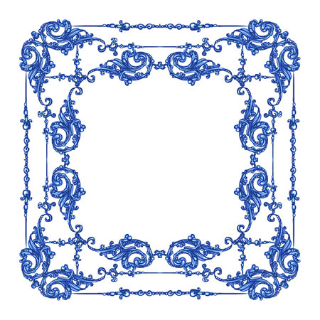 Vector decorative circular pattern blue and white design with frame or border. Baroque Vector mosaic. Traced watercolor.のイラスト素材