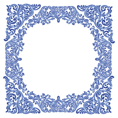 Vector decorative circular pattern blue and white design with frame or border. Baroque Vector mosaic. Traced watercolor.のイラスト素材