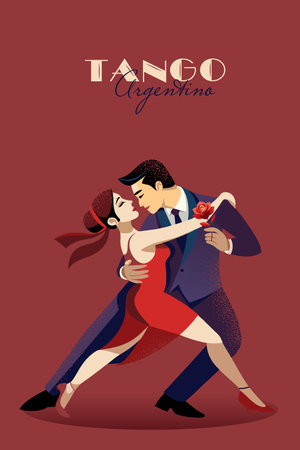 Vector illustration for a poster-banner of a tango couple in flat design style. The man in a suit and the woman in a red dress dance passionately, using bold shapes and vibrant colors against a minimal backgroundのイラスト素材