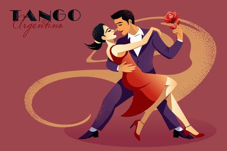 Vector illustration for a poster-banner of a tango couple in flat design style. The man in a suit and the woman in a red dress dance passionately, using bold shapes and vibrant colors against a minimal backgroundのイラスト素材