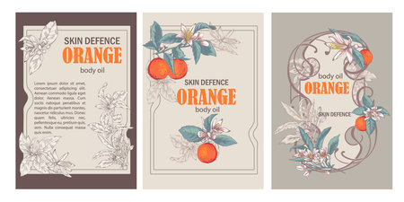 Vector label set for orange body oil. Stylish illustrations of oranges, flowers, and leaves, perfect for natural skincare and cosmetic packagingのイラスト素材