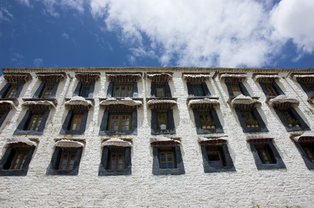 tibetan monastry architecture with blue skyの写真素材
