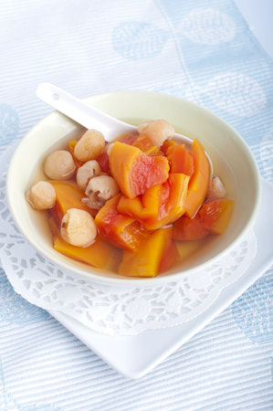 Natural and healthy Chinese dessert, cooked papaya with longan.の写真素材