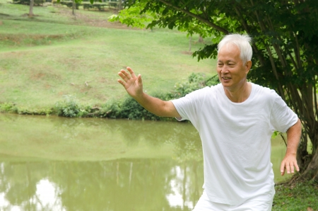 chinese senior performing tai chi on green outdoorの写真素材