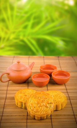 Chinese moon cake traditional food for Chinese mid-autumn festival with nature backgroundの写真素材