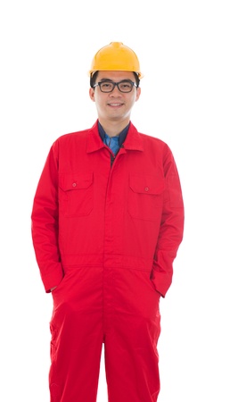 asian chinese male in safety heavy suit and isolated white backgroundの写真素材