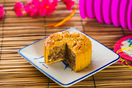 Mooncake for Chinese mid autumn festival foods. The Chinese words on the mooncakes means assorted...