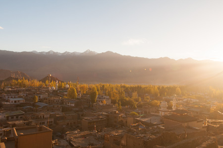 city of leh, ladakh during sunriseの写真素材