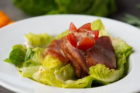 smoked duck salad on tableの写真素材