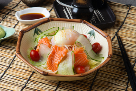 japanese poach egg and salmon saladの写真素材