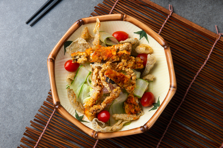 soft shell crab salad with salmon skinの写真素材