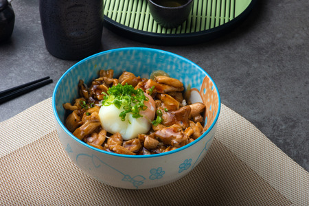 Rice with teriyaki chicken grill or teriyaki don in Japanese style set and ready to eat iの写真素材
