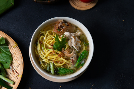 Traditional asian soup noodle top downの写真素材