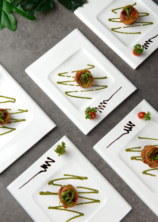 Fried scallops wrapped with bacon flat lay, Chinese dish