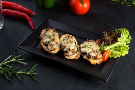 Rustic Toast bread with garlic, mushrooms and herbs,の写真素材
